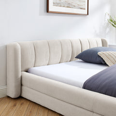 Queen Size Upholstered Bed Frame with Thick Fabric, Chenille Fabric Grounded Queen Size Platform Bed with Headboard and Solid Frame-Beige(87''*67''*23.5'')