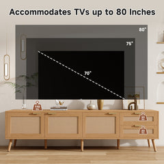 70inch Modern TV Stand with Rattan Doors for TVs up to 80", Media Console with Storage Space, 2 Drawers & Cable Holes, Entertainment Center for Living Room