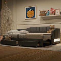 Twin XL Size Extendable Upholstered Daybed with Two Storage Drawers and LED Light,Twin XL to King Daybed,Gray