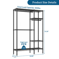 Heavy Duty Clothes Rack, Freestanding Closet Organizer, Portable Metal Clothing Rack, Adjustable Wire Shelving Clothes Rack with 6 Adjustable Wire Shelves and 3 Clothes Rails, Black