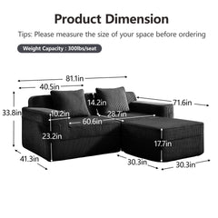 Modular 2 Seat L Shape Sectional Boneless Sofa, Cloud Sectional Couch with Deep Seat, Modern Modular 2-Seat Sofa Couch with Throw Pillows and 1 Movable Ottoman, Corduroy Fabric Black