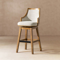 Bahama 30" Cane Rattan High-Back Swivel Bar Stool with Recessed Arms, Two-Tone Neutral Gray Polyester Wool Blend