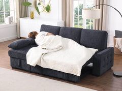 Marcello 91"W Charcoal Chenille Fabric Reversible Sleeper Sectional with Storage Chaise, Drop-Down Table, Cup Holders and Charging Ports