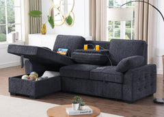 Marcello 91"W Charcoal Chenille Fabric Reversible Sleeper Sectional with Storage Chaise, Drop-Down Table, Cup Holders and Charging Ports