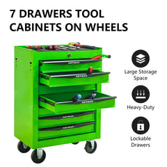 Rolling Metal Tool Chest with 7 Drawers, 20" 7-Drawer Tool Chest Cabinet with Ball Bearing Drawer Slides, Steel Tool Storage Box Organizer -GREEN