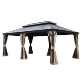 12' X 20' Hardtop Gazebo, Upgraded Metal Gazebo with Drainage System, Dual-Layer Galvanized Steel Roof, Curtain and Netting, Outdoor Shelter Canopy for Patio, Garden, and Backyard, Brown