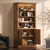 83.4"Tall Modern Bookshelf with Doors, Farmhouse Bookcase with 3-Tier Adjustable Shelves, Display Shelves with LED Light,Large Storage Cabinet for Living Room,Home Office, Walnut