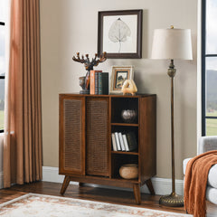 Mid Century Modern Rattan Sideboard Cabinet, Buffet Cabinet for Entryway Hallway Living Room Kitchen Dining Room, Adjustable Shelf & Solid Wood Feet & Rattan Cabinet Doors - Dark Wood
