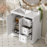 36'' transitional bathroom vanity with ceramic sink – features 2 soft-close doors, an adjustable U-shaped shelf, 3 drawers (including one with divider), painted finish, and ample storage space