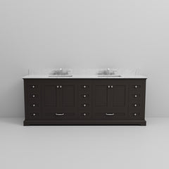 Espresso Double Bath Vanity 84 in. W x 22 in. D, Carrara Marble Top, and Faucet Set