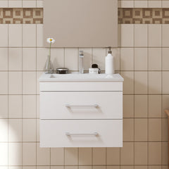 24-Inch White Gloss Wall-Mounted Bathroom Vanity with Double Drawers, Soft-Close System,Ceramic Sink, Create a Modern and Minimalist Bathroom Space!
