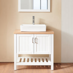 32" Bathroom Vanity with Sink,Single Bathroom Vanities Cabinet with Doors and Open Shelf,Solid Wood Small Vanity with Sink Set,for Bathroom,White+Natural