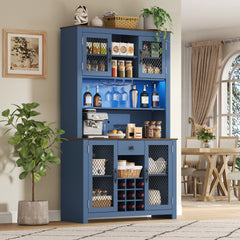 70.9" Kitchen Pantry Storage Cabinet Rustic Buffet Cabinet, Kitchen Hutch Cabinet with LED Outlets Food Pantry Cabinet with Doors and Shelves Wine Rack for Dining Room, Navy Blue