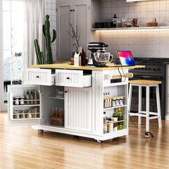 K&K 48 inch Large Kitchen Island with Drop Leaf,Power Outlet,Internal Storage Rack,Rolling Kitchen Storage Cart on 5 Wheels with 5 Open Side Racks for Kitchen,White (Two Packages)(Not Include Stools)