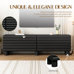 Stylish Thick Wavy Door TV Cabinet with Adjustable Shelves, Cream Style TV Stand with 4 Cabinets for TVs Up to 75", Solid Media Console with Cylindrical Legs and Cable Holes for Living Room, Black