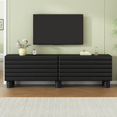 Stylish Thick Wavy Door TV Cabinet with Adjustable Shelves, Cream Style TV Stand with 4 Cabinets for TVs Up to 75", Solid Media Console with Cylindrical Legs and Cable Holes for Living Room, Black