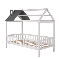 Twin Size Wood House Bed with Fence,White+Gray