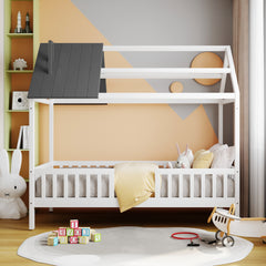 Twin Size Wood House Bed with Fence,White+Gray