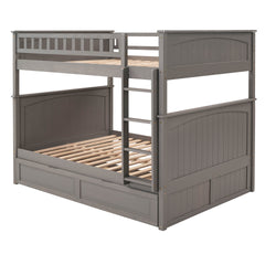 Full Over Full Bunk Bed with Twin Size Trundle, Pine Wood Bunk Bed with Guardrails, Brushed Gray