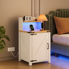 OKD Nightstand with Charging Station, 18 Inch Farmhouse End Table with Barn Door and Adjustable Storage Shelf, Rustic Wood Sofa Side Table w/Magnetic Door for Living Room, Bedroom, Antique White
