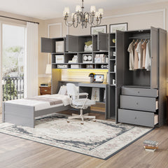 Wooden Twin Size Platform Bed with Desk, Wardrobe, Cabinets, Drawers, and Shelves, Gray