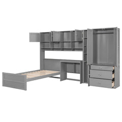 Wooden Twin Size Platform Bed with Desk, Wardrobe, Cabinets, Drawers, and Shelves, Gray