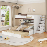 Full Over Full Bunk Bed with Twin Size Trundle and Staircase, Shelves, LED,White
