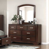Modern Cherry Finish Dresser Mirror Set Curve Design with 7x Drawers Smooth Glides Transitional Bedroom Furniture 1pc