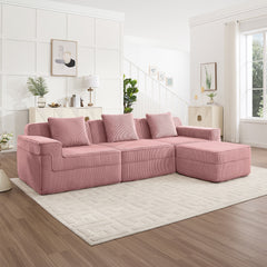 Modular 3 Seat L Shape Sectional Boneless Sofa, Cloud Sectional Couch with Deep Seat, Modern Modular 3-Seat Sofa Couch with Throw Pillows and 1 Movable Ottoman, Corduroy Fabric Pink