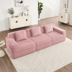 Modular 3 Seat Boneless Sofa, Cloud Sectional Couch with Deep Seat, Modern Modular 3-Seat Sofa Couch with Throw Pillows Corduroy Fabric Pink