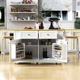 K&K 48inch Large Kitchen Island with 2 Bar Stools, Power Outlet, Door Internal Storage Rack, Kitchen Storage Cart on 5 Wheels with Drop Leaf, 5 Open Side Racks, 2 Drawers,White (Three Packages)