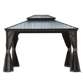 12' X 14' Hardtop Gazebo, Upgraded Metal Gazebo with Drainage System, Dual-Layer Galvanized Steel Roof, Curtain and Netting, Outdoor Shelter Canopy for Patio, Garden, and Backyard, Brown