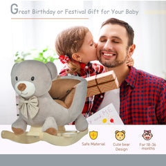 Qaba Kids Rocking Horse, Bear-Shaped Plush Toddler Ride on Horse with Sound, Wooden Base & Safety Belt for 18-36 Months, Gray