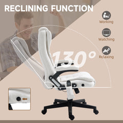 HOMCOM 6 Point Vibrating Massage Office Chair with Heat, Linen High Back Executive Office Chair with Reclining Backrest, Padded Armrests and Remote, Cream White