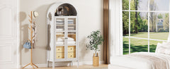 Modern Arched Cabinet with Glass Doors,72" Tall Auto Sensor Light Farmhouse Arch Storage Cabinet with Height Adjustable Shelf and 2 Drawers Display Bookshelf in White Oak Wood Grain