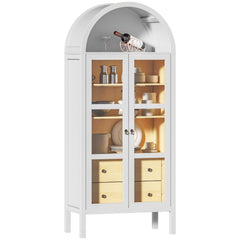 Modern Arched Cabinet with Glass Doors,72" Tall Auto Sensor Light Farmhouse Arch Storage Cabinet with Height Adjustable Shelf and 2 Drawers Display Bookshelf in White Oak Wood Grain