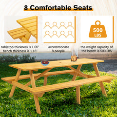 8 Person Brown Wooden Picnic Table, Outdoor Camping Dining Table with 2 Seats, Garden, DIY with 2 Built-in Benches, 2220lb Capacity