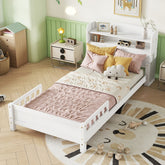 Twin Pine Wood Bed with Bookcase Headboard ,LED Motion Sensor Light, Guardrails,White