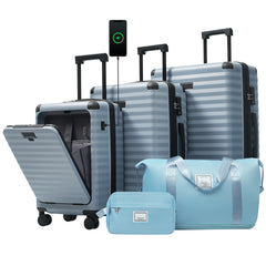 Luggage Sets 5 Piece with Front Opening , Hardside Expandable Carry on Suitcase with Spinner Wheels TSA Lock USB Port Cup Holder Duffel Bag and Toiletry Bag