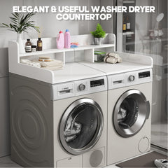 Washer Dryer Countertop with Non-slip Pads Laundry Wood Shelf Topper with Edge, 54" Width x 27.5" Depth Double Layer Organizer for Washer and Dryer Laundry Hamper Counter Storage Organization (WHITE)