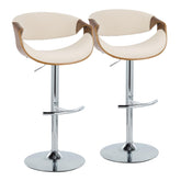 Curvo Mid-Century Modern Adjustable Barstool with Swivel in Chrome Metal, Walnut Wood and Cream Fabric with Rounded T Footrest by LumiSource - Set of 2