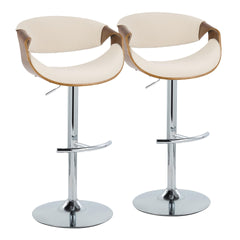 Curvo Mid-Century Modern Adjustable Barstool with Swivel in Chrome Metal, Walnut Wood and Cream Fabric with Rounded T Footrest by LumiSource - Set of 2