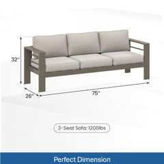 75" All-Weather Metal 3-Seat Patio Sofa Couch with Thick Beige Cushions & Khaki Frame