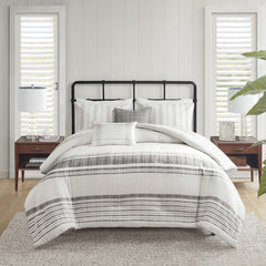 5 Piece Cotton Jaquard Duvet Set White/Grey Full/Queen