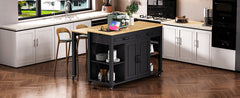 K&K 47 inch Kitchen Island with Extendable Dining Table, Rubber Wood Veneer Kitchen Table with Internal Storage Rack, Power Outlet, Kitchen island with Storage 2 Drawers 2 Cabinet, Black