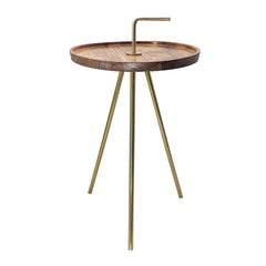 Acacia Wood Side Table with Tripod Steel Legs, Brown/Gold, 16x23.5"