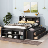 Full Bed with Bookcase Headboard, Under bed Storage Drawers and Bed End Storage Case,Espresso