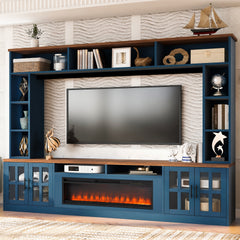 U-Can 95.5" W Wall Unit Entertainment Center with Bookshelves for TVs up to 80", Modern TV Stand Media Console with electric fireplace Cabinets, and Adjustable Shelves for Living Room