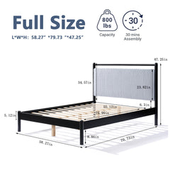 Full size Wood Bed Frame with Fluffy Soft Headboard,Grey+Black Frame