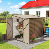 Outdoor Storage Shed Brown Metal Shed with Foundation Kit, Lockable Doors and Gloves for Patio, Law